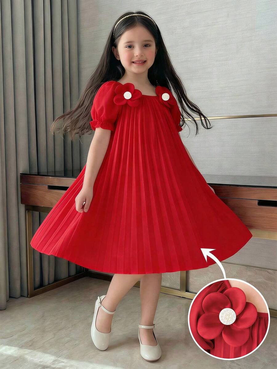 SHEIN Young Girls' Dreamy Soft Princess Style Red Dress,Summer Short Sleeve A-Line Lightweight Flowing Party Dress For Daily Leisure Activities - Red - View 1