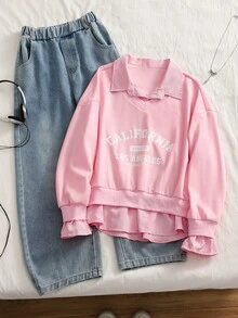 SHEIN 2pcs/Set Girls' Casual Striped Patchwork Lapel Fresh Commuting Style Denim Pants Outfit, Suitable For Outdoor And Daily Wear - Pink - View 4