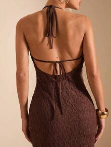 SHEIN BAE 女士棕色串珠吊带露背美人鱼蕾丝连衣裙，蕾丝连衣裙 - 鏽棕色 - 查看 7