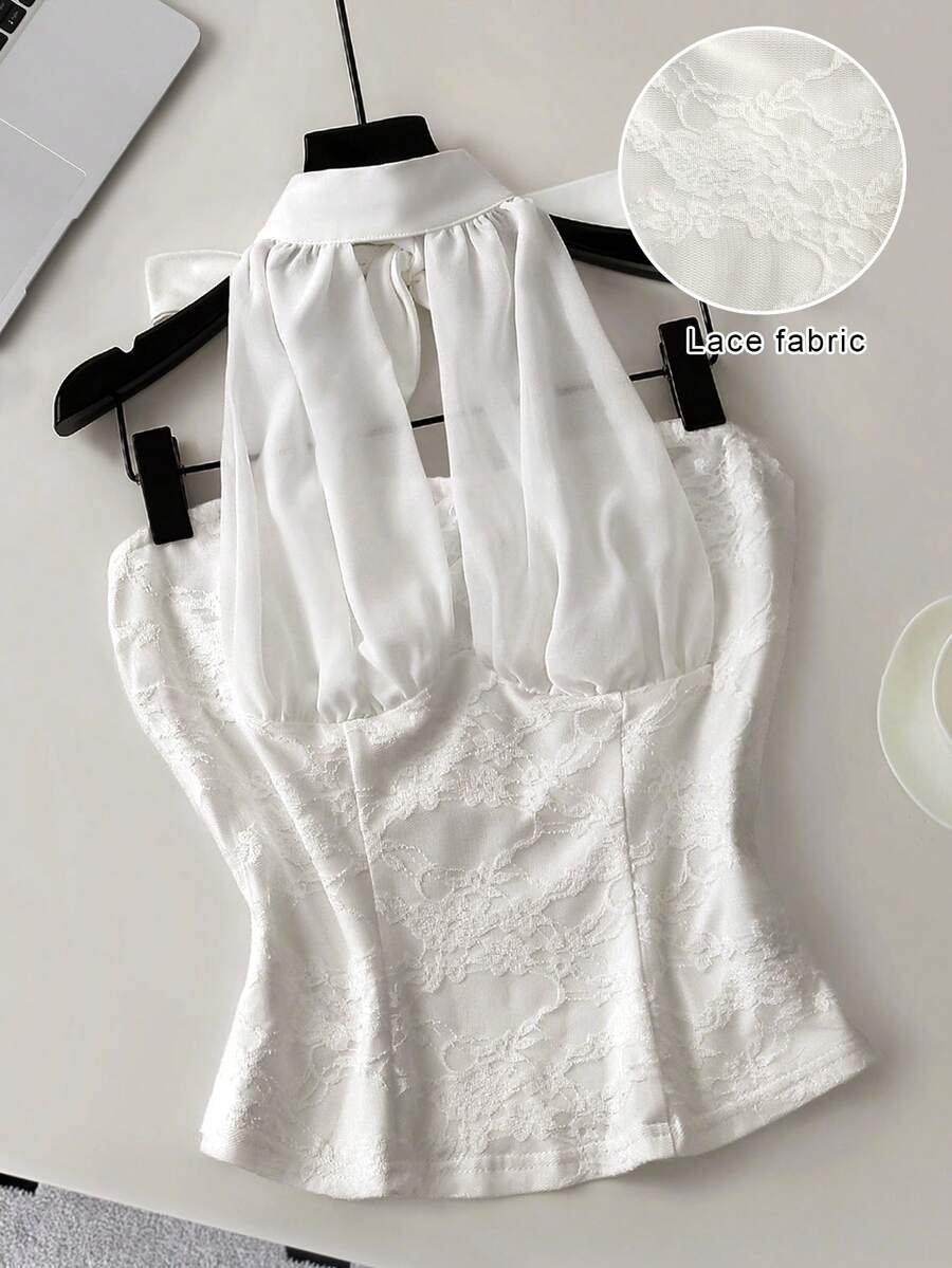 Airaco Women's Elegant Jacquard Backless Tie-Front Halter Top, Sexy Beach Vacation Style - White - View 1