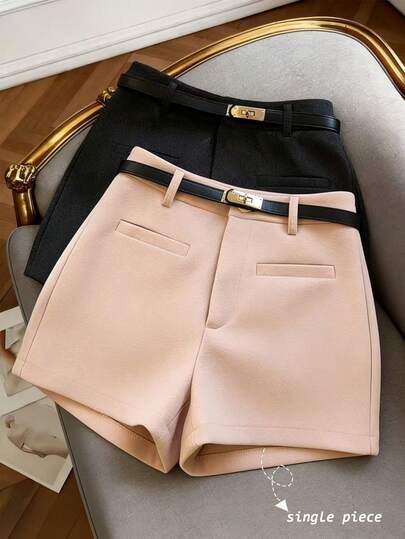 SHEIN Franclia Women's French-Style Minimalist And Fashionable Woven Heather Gray Textured Woolen Shorts, Thickened, High-Waisted, Slimming, Suitable For Both Commuting And Casual Wear, Elegant Women's Shorts, Summer Women's Shorts, Summer Outfits, Beach Outfits, Beach Shorts, Outdoor Shorts, Women's Vacation Outfits, Vacation Shorts, Women's Casual Shorts, New Summer Women's Shorts.