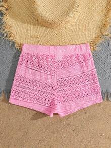 SHEIN 少女泳衣：粉色纯色镂空网纱罩衫，腰间系带蝴蝶结，搭配网纱裤，时尚休闲，优雅迷人，适合游泳、暑假、海滩、泳池、夏令营派对和休闲度假。两件套泳衣，适合青少年、夏季、少女、女士等各种场合。泳衣两件套，夏季女士两件套，夏季女士两件套，青少年泳衣，夏季女士两件套，夏季女士套装，夏季女士泳装，比基尼上衣，女士两件套泳衣，粉色比基尼沙滩短裤。 - 粉色 - 查看 2