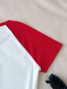 SHEIN Tween Girl Casual Minimalist Comfortable Crew Neck Patchwork Contrast Color Star Pattern T-Shirt Tween Girl - Red and White - View 5