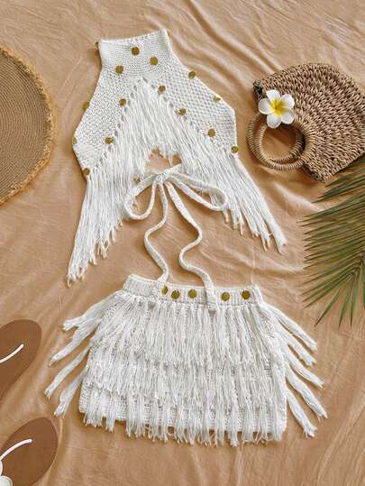 Soleia Fringe Detail Knit Top, Ibiza Style, Sexy Holiday Celebration Knit Vacation, Autumn/Winter