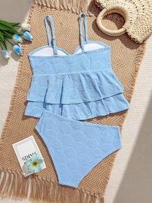 SHEIN Bộ đồ bơi hai mảnh màu trơn khoét rỗng, thích hợp cho bãi biển, khu nghỉ dưỡng và suối nước nóng. - Màu xanh lam - Xem 2