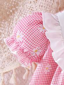 SHEIN 新生女宝宝橙色印花拼接白色蕾丝泡泡袖短袖连衣裙，夏季新款 - 粉色 - 查看 3