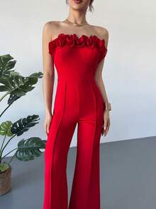 RiviMae Women's Elegant Ruffle Collar & Cuff Red Straight Leg Casual Jumpsuit - Red - View 3