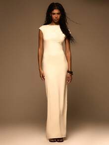 MUSERA Slinky Asymmetric Ruched Shoulder Straight Fit Maxi Dress Spring Summer Elegant Vacation Holiday Ibiza Club Occasion Sexy Evening Wedding Guest Sunset Kiss - Beige - View 1