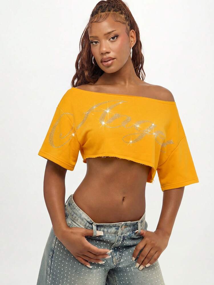 SUMWON WOMEN Off Shoulder Rhinestone Hot Fix Letter Embellished Crop Top With Raw Edge Hem Casual Streetwear Style
