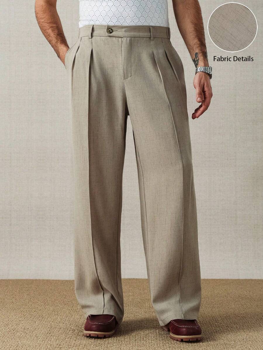 HUEFORM Men's Old Money Textured Fabrics Relaxed Fit Wide Leg Pants, Drapey Texture, Solid Color With Pockets, Pleated, Relaxed Fit, Suitable For Fathers, Husbands, Boyfriends, Spring Men's Linen Pants Summer Breathable Slacks For Men - Khaki - View 1