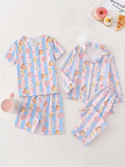 Conjunto de pijama de 2 piezas para niña con cuello redondo, manga corta y pantalón corto, de tela de punto suave y elástica, con estampado gráfico de pizza, donut e helado, patrón a rayas, estilo lindo y dulce