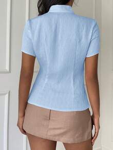 Aloruh Apricot New Chinese Style Button Collar Short Sleeve Waist Cinched Women Shirt, Spring/Summer New Arrival,Summer Top - Baby Blue - View 7
