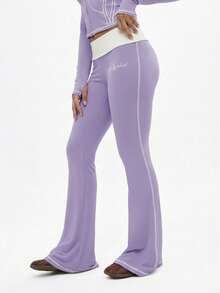 BABYPHAT Leggings acampanados de talle alto con detalles en contraste de color lavanda y ribete blanco, moda de otoño para mujeres - Lila Púrpura - Ver 3