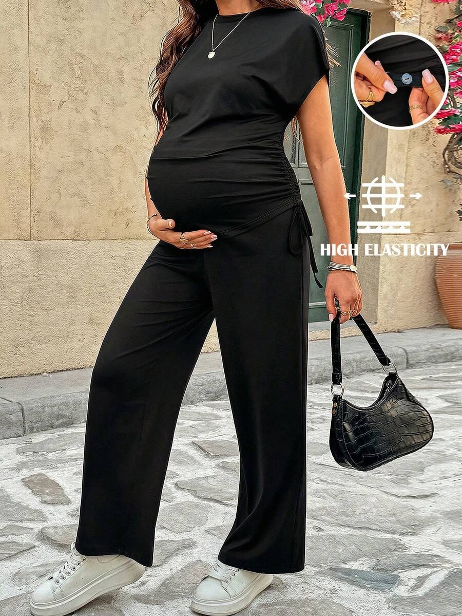 SHEIN Maternity Solid Color Round Neck Drawstring Short Sleeve Top And Pants Casual 2 Pieces Set - Black - View 1