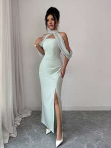 Selianne 优雅女士浅绿色雪纺拼接圆领无袖露背开衩长裙，休闲度假连衣裙，适合日常外出、约会、派对、宴会等场合，也可作为奢华新娘伴娘礼服。 - 綠色 - 查看 6