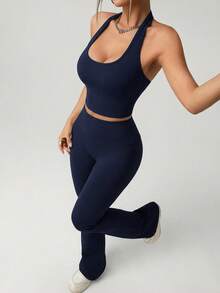 SHEIN ICON Women's Gray Halter Backless Top With Pants, Basic Casual Sports 2 Pieces Set - Navy Blue - View 3