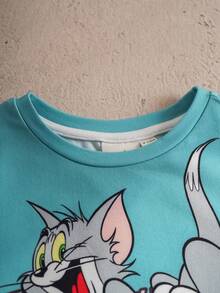 TOM & JERRY X SHEIN 男婴字母卡通印花圆领短袖T恤和短裤套装 - 青碧色 - 查看 4