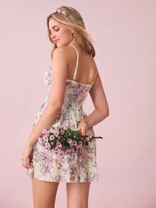 Snug Zone 女士花卉印花蝴蝶结细节吊带睡裙，夏季蝴蝶结 - 米色 - 查看 6