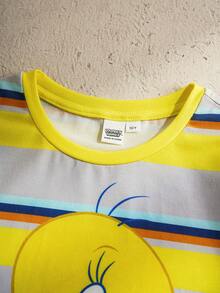 LOONEY TUNES X SHEIN Áo thun ngắn tay cổ tròn in chữ và hoạt hình dành cho bé gái tuổi teen - Màu vàng - Xem 3