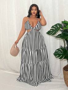 Slaydiva Plus Size Summer Casual Vacation Striped Hollow Out Halter Dress - Black - View 1