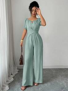 Elegant Women's Wide-Leg Jumpsuit With Round Neck, Long Sleeves, Twisted Waist And Wooden Bead Decoration In Khaki For Everyday Wear - 薄荷綠 - 查看 4