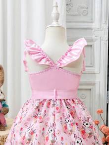 SHEIN Young Girl' Fashionable Sweet Spaghetti Strap Ruffle Hem Rabbit Patchwork Striped Cinched Waist Waist Summer Dress - Pink - View 5