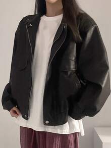 DAZY Chaqueta holgada con cuello alto y efecto desgastado para mujer, chaqueta de cuero de otoño - Negro - Ver 5