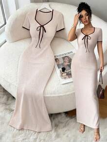 Elenzga 女士优雅浪漫杏色甜心领蝴蝶结腰身短袖修身长连衣裙，春夏款 - 杏色 - 查看 6