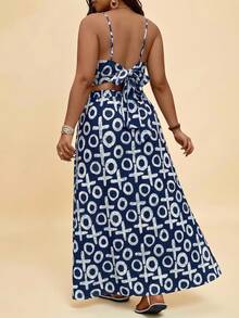 Levarali Plus Size Women All-Over Print Camisole Top And Split Hem Skirt 2 Pieces Set, Fashionable For Party - Blue and White - View 2
