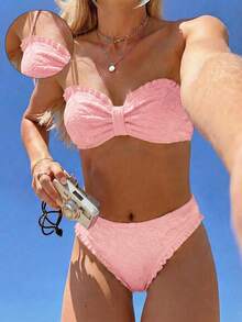 Swim Mod Women's Elegant Pink Two Pieces Bikini Set,Textured Floral Ruffled Halter Bandeau Top & High-Cut Bottoms,Summer Beach Party Holiday Beachwear,Holiday - Pink - View 1