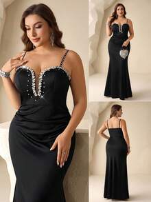 Coutiva 大码水钻装饰修身优雅正式晚礼服（重工装饰） - 黑色 - 查看 3