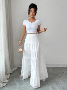 GlowEve 女士复古蕾丝拼接低腰喇叭裙，百搭宽松款，春夏款 - 白色 - 查看 6