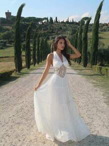 Aloruh 女士新款优雅刺绣连衣裙/浪漫婚礼季长裙/伞裙/轻盈婚纱/下午茶派对装/闺蜜聚会度假装/生日礼服 - 白色 - 查看 3