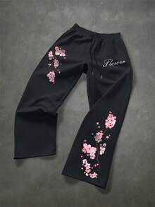 Manfinity EMRG Men's Letter & Floral Pattern Drawstring Waist Wide Leg Sweatpants - Black - View 4