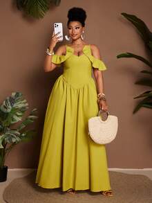 Maweii 大码纯色荷叶边露肩连衣裙 - 芥末黃 - 查看 5