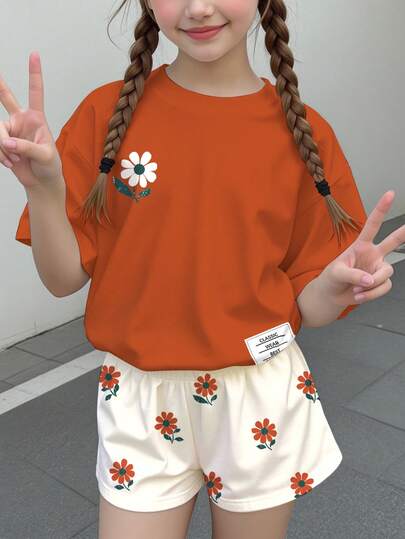 2pcs Tween Girls' Casual Floral Print Short Sleeve Top And Shorts Set, Suitable For Summer
