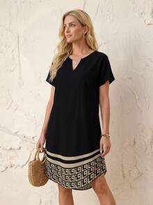 Faunlyn 休闲简约女士碎花V领编织短连衣裙，适合春夏穿着，波西米亚风女装，时尚休闲连衣裙 - 彩色 - 查看 4