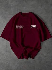 SHEIN Men's Slogan & Car Print Short Sleeve Casual T-Shirt - Burgundy - View 3