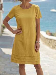 EMERY ROSE 女士纯色圆领短袖直筒休闲连衣裙，夏季 - 黃色 - 查看 5