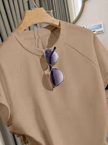 Resyla Plus Size Women Solid Color Round Neck Short Sleeve Top And Shorts Casual Daily Outfit - Coffee Brown - View 7