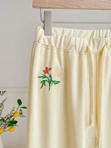 Sweetra 女士浅黄色长款运动裤，Sweetro-D 系列，甜美风格，适合旅行、度假、休闲、通勤，性感清新，前片刺绣图案，抽绳腰带，长款运动裤 - 杏色 - 查看 6