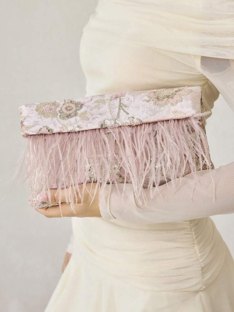 LADIES ELEGANT FLORAL PATTERN BEAD MATERIAL CLUTCH BAG ENVELOPE BAG WITH ARTIFICIAL FEATHER DECORATION,VALENTINES DAY