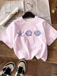 Light Pink, Fashionable Retro Beach Floral & Shell Print Tween Girl Casual Minimalist Short Sleeve Round Neck T-Shirt, Suitable For Spring/Summer Daily Wear - Multicolor - View 3