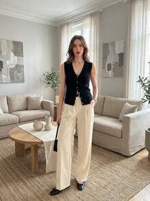 Chaleco Para Mujer, Chaleco Bordado de punto para mujer, diseño sin mangas, escote en V, cierre con botones frontales, tejido suave y ligero, prenda versátil para looks casuales y formales - Negro - Ver 6