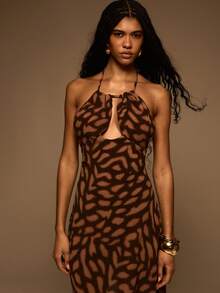 MUSERA 印花雪纺露背镂空不对称垂褶中长连衣裙，春夏优雅度假伊比沙岛俱乐部场合性感晚宴婚礼宾客日落之吻 - 彩色 - 查看 2