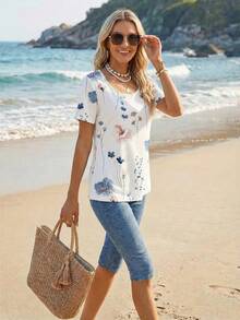 EMERY ROSE 两件套女士休闲简约夏季套装，适合外出、度假，女士度假套装，沙滩装，保守款上衣，女士休闲套装，女士夏季套装，女士夏季上衣 - 彩色 - 查看 1