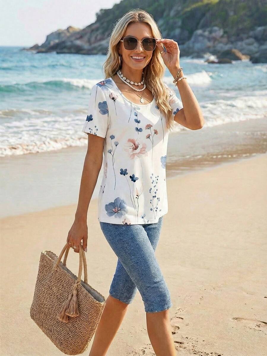 EMERY ROSE 两件套女士休闲简约夏季套装，适合外出、度假，女士度假套装，沙滩装，保守款上衣，女士休闲套装，女士夏季套装，女士夏季上衣 - 彩色 - 查看 1