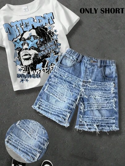 Young Boys New Fashion Distressed Urban Street Style Casual Raw Edge Patchwork Blue Denim Frayed Hem Shorts Spring Summer, For Kids Boy Spring/Summer Dailywear Outfits,Boys Streetwear Outfits,Beach Vacation Outfits For Boys,Boys Summer Boho Outfits,Casual Clothes For Boys,Graphic Short Boys,Toddler Shorts,4-Year-Old Boys Short,Summer Short,Casual Shorts