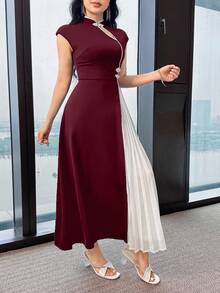 Feyla Women's Contrast Color Cheongsam Collar Dress - Burgundy - View 3