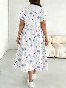 SHEIN Essnce Đầm ngắn tay in hoa lãng mạn, dáng rộng dành cho nữ, thích hợp cho mùa xuân và hè, màu đen. - Nhiều màu - Xem 2